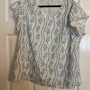 SHEIN White V-Neck Ruffle Sleeve Top with Blue Wave Floral Print